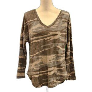 Iwollence Women's Waffle Knit Gray Camo Tunic Blouse Sz S
